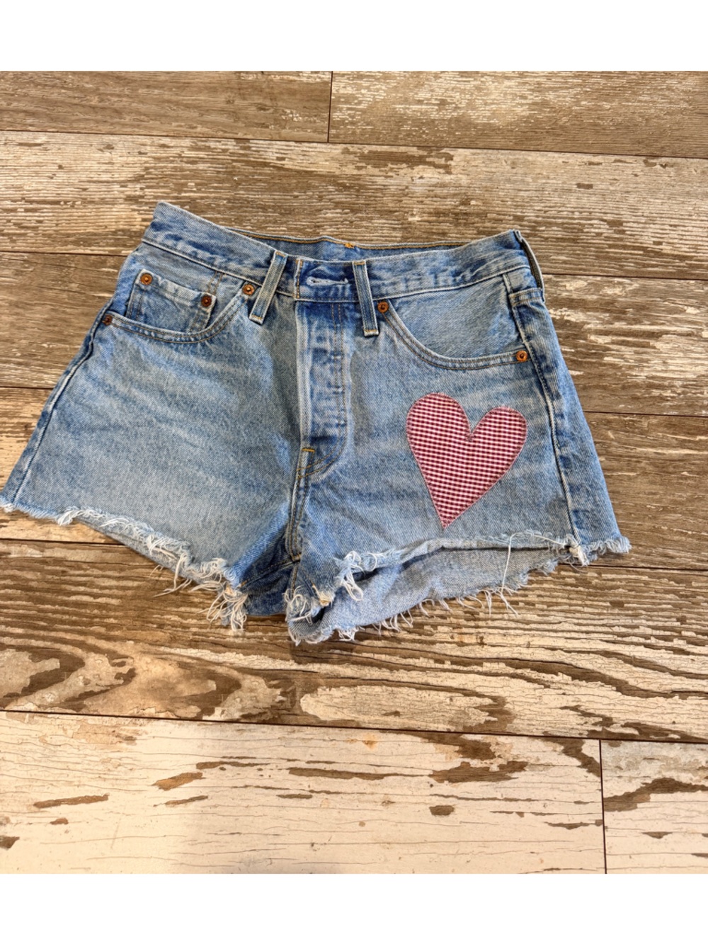 Levi's 501 High Rise Denim Shorts with Red Gingham Heart Size 25